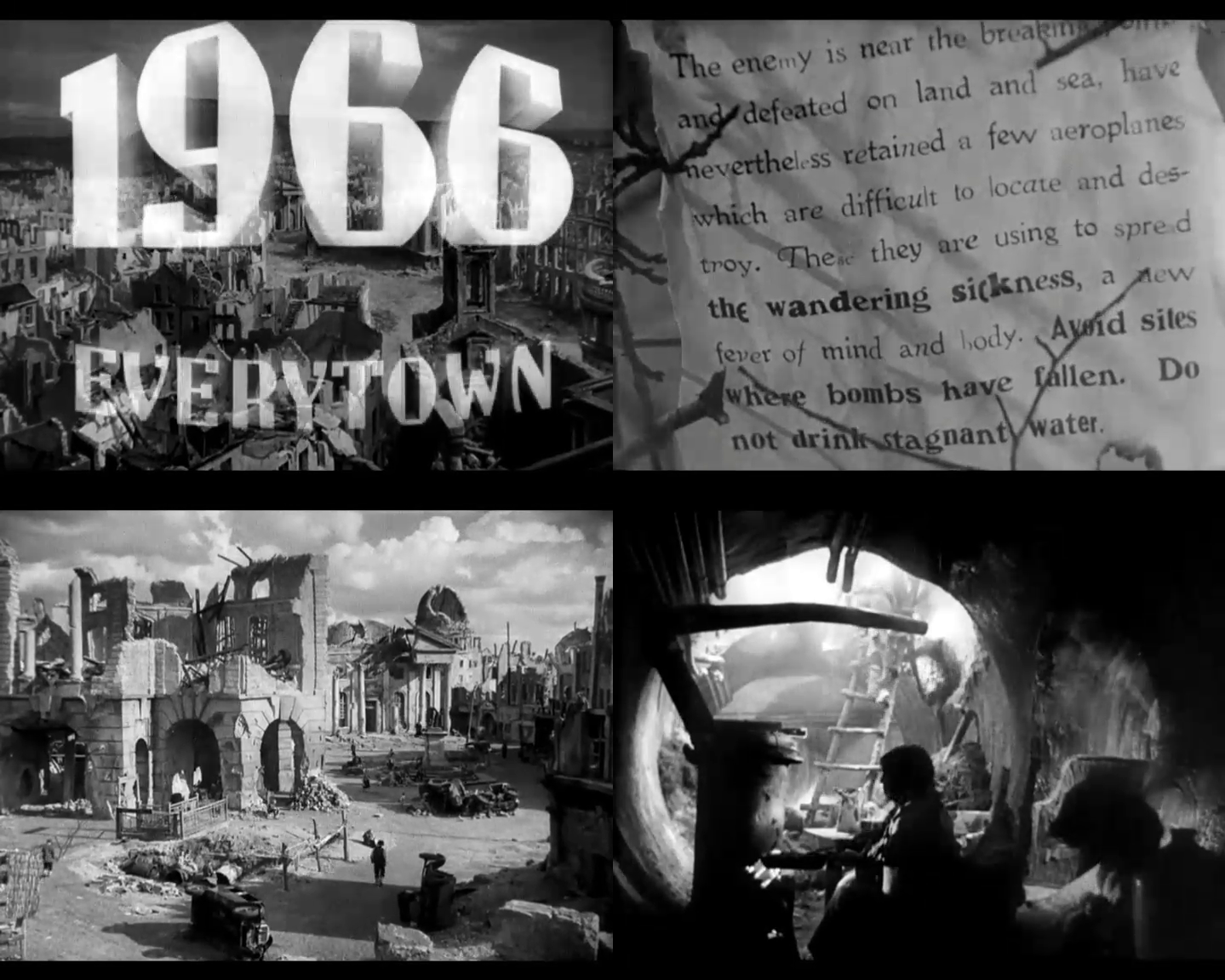 4-panel screenshot of Things To Come showing its depiction of the desolate 'Everytown' of 1966